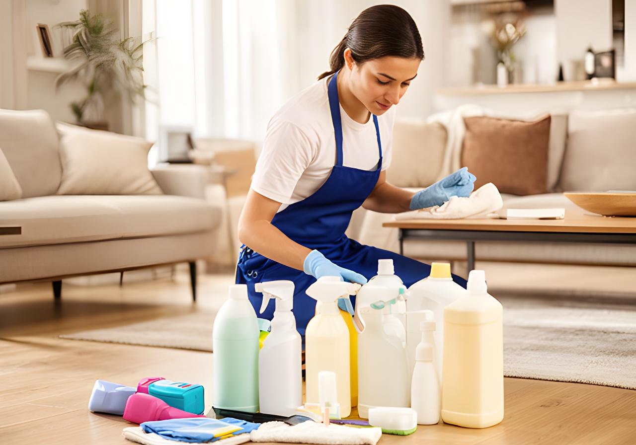 Professional cleaner organizing supplies in a bright Royal Palm Beach living room